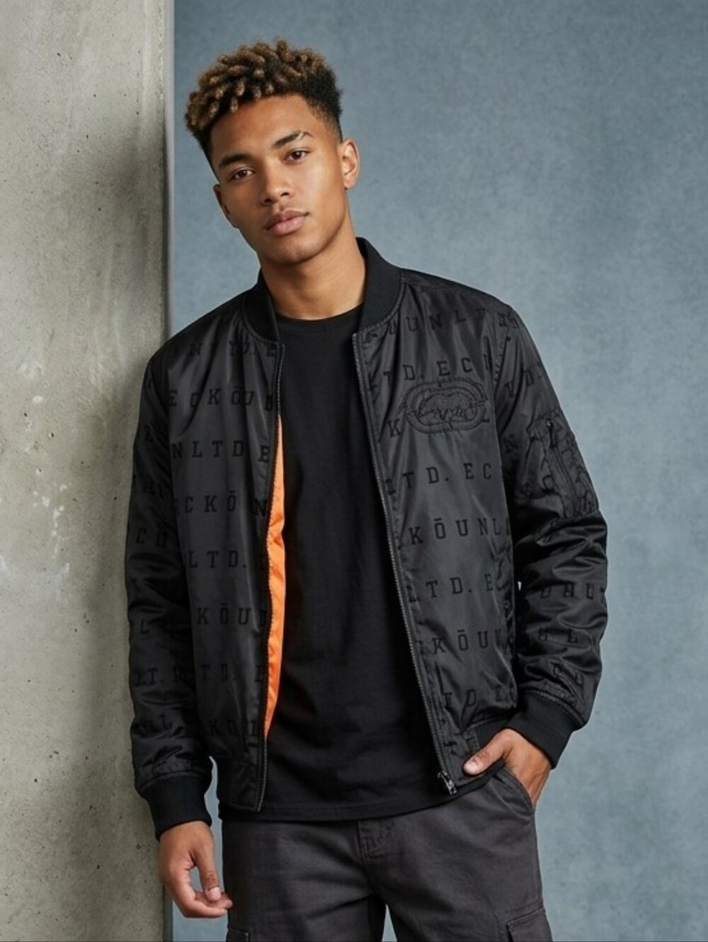 Ecko Unlimited Black Bomber Jacket with Orange Interior Size L